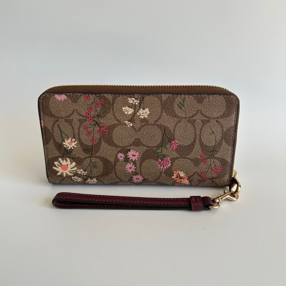 Coach Accordion Wildflower Tan Signature Canvas Wristlet Wallet Excellent - Picture 2 of 5